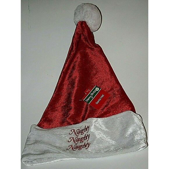 Naughty Naughty Naughty Embroidered Red Christmas Santa Hat 17″ Tall - Picture 1 of 3
